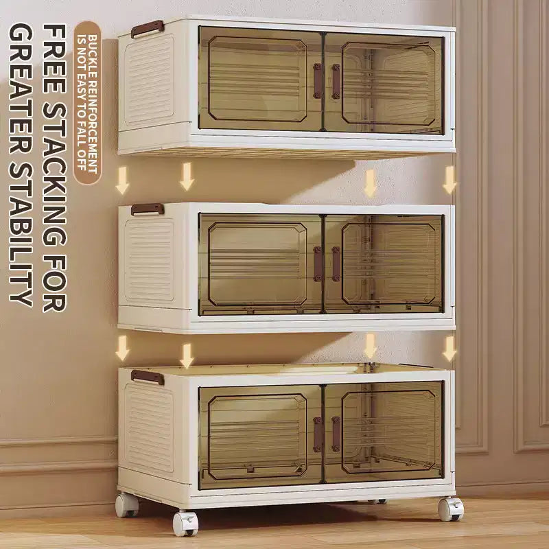 Stackable Collapsible Storage Bins, Foldable Lidded Storage Cabinet with Doors &amp; Wheels, Closet Organizer for Apartment, Home, Dorm, Office