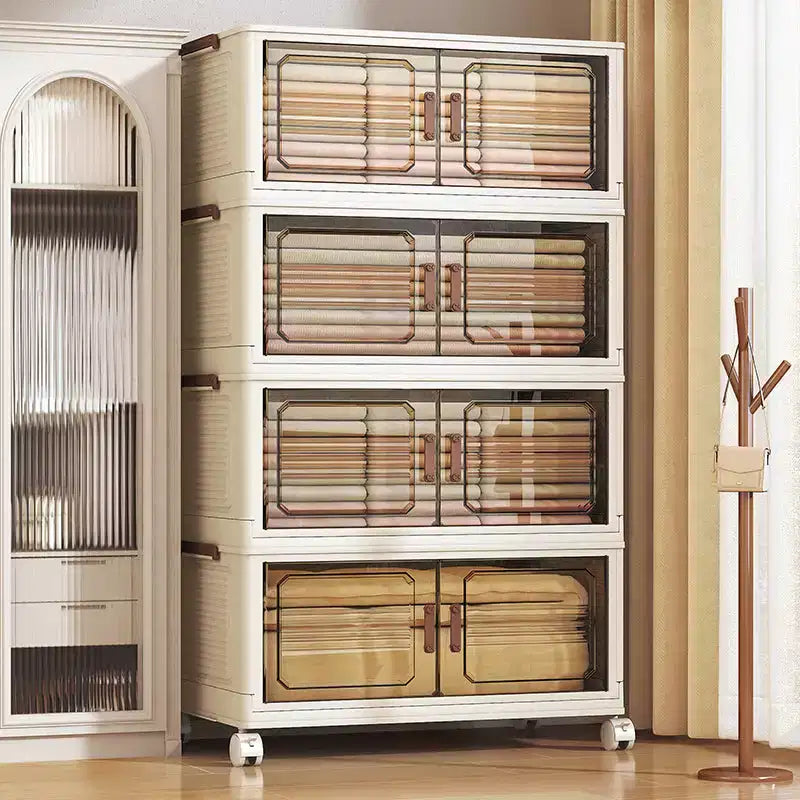 Stackable Collapsible Storage Bins, Foldable Lidded Storage Cabinet with Doors &amp; Wheels, Closet Organizer for Apartment, Home, Dorm, Office