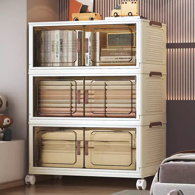Stackable Collapsible Storage Bins, Foldable Lidded Storage Cabinet with Doors &amp; Wheels, Closet Organizer for Apartment, Home, Dorm, Office