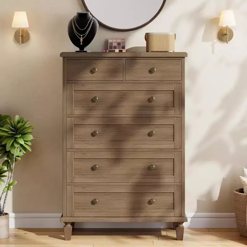 47 Tall 6 Drawer Dresser - Vintage Wooden Chest, Carved Handles &amp; Tapered Legs - Large Storage for Bedroom, Living Room, Entryway - Modern Furniture