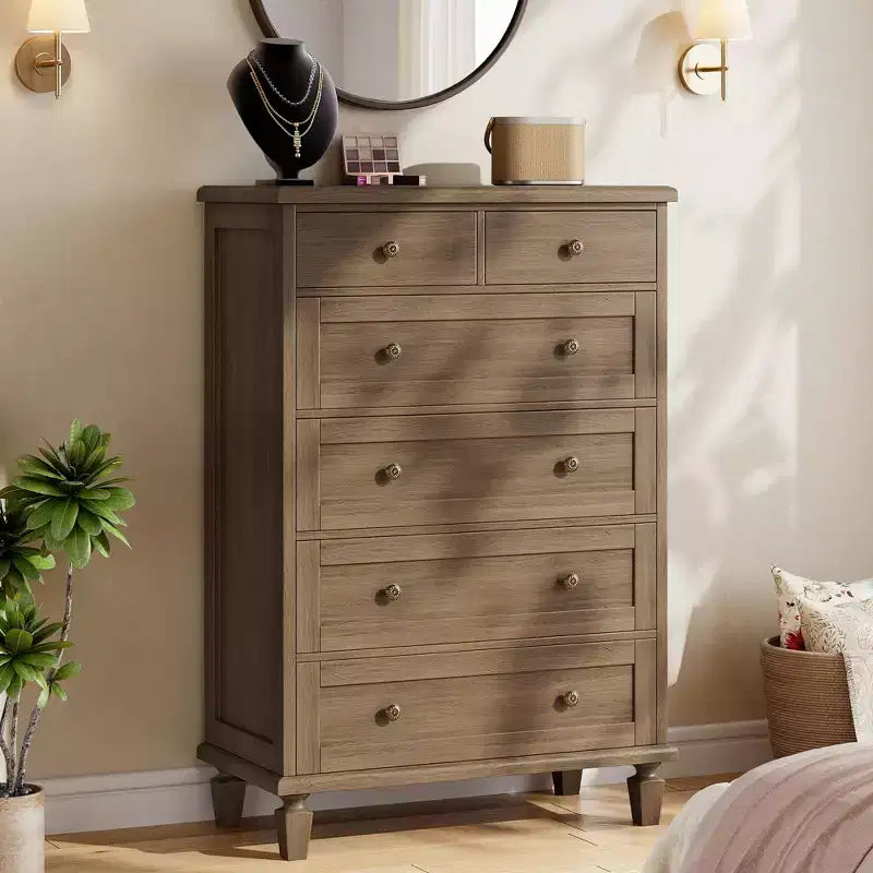 47 Tall 6 Drawer Dresser - Vintage Wooden Chest, Carved Handles &amp; Tapered Legs - Large Storage for Bedroom, Living Room, Entryway - Modern Furniture