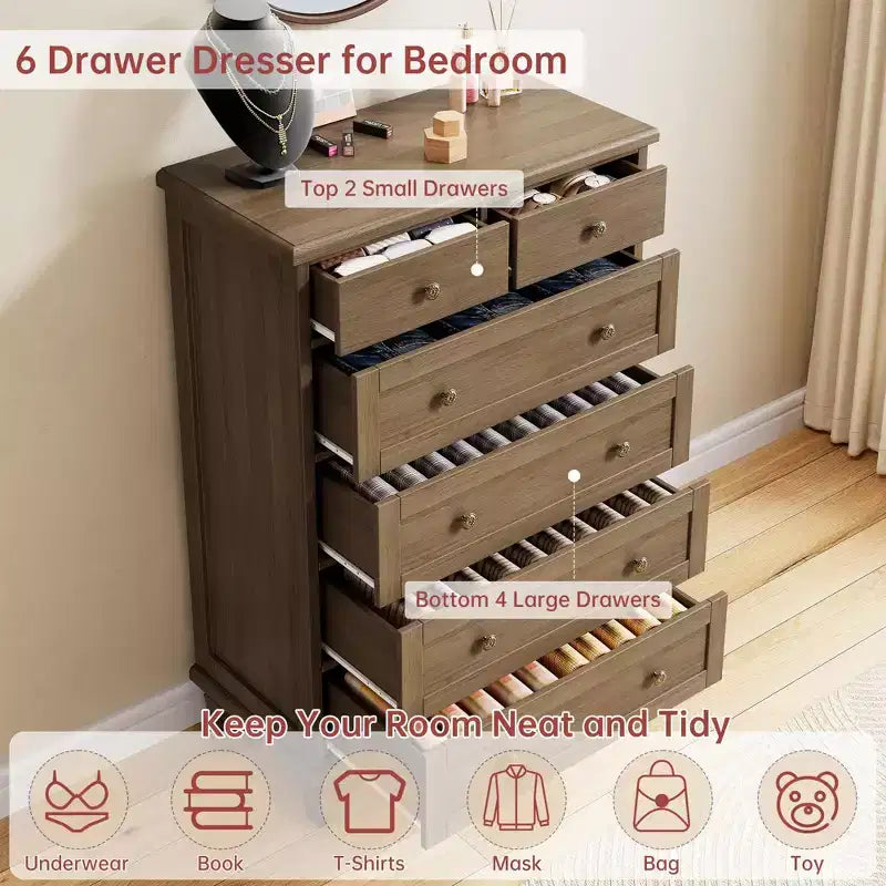 47 Tall 6 Drawer Dresser - Vintage Wooden Chest, Carved Handles &amp; Tapered Legs - Large Storage for Bedroom, Living Room, Entryway - Modern Furniture