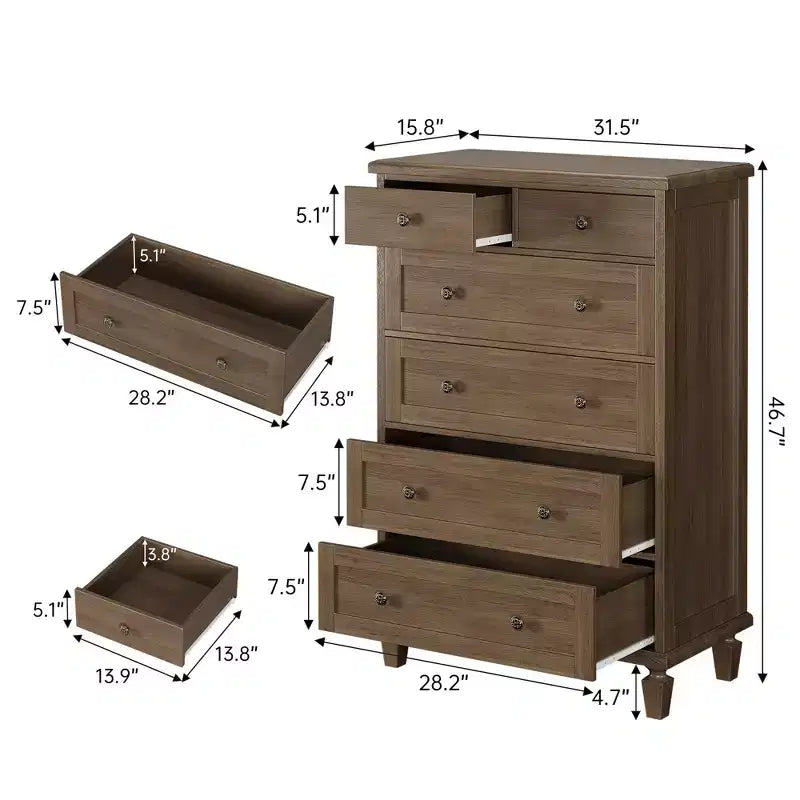 47 Tall 6 Drawer Dresser - Vintage Wooden Chest, Carved Handles &amp; Tapered Legs - Large Storage for Bedroom, Living Room, Entryway - Modern Furniture