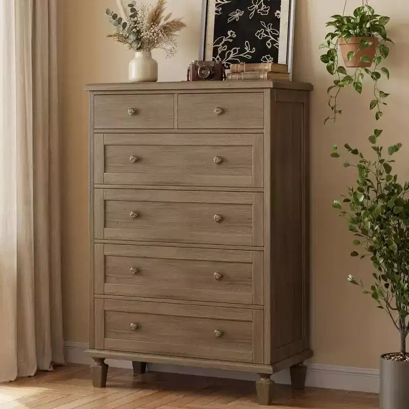 47 Tall 6 Drawer Dresser - Vintage Wooden Chest, Carved Handles &amp; Tapered Legs - Large Storage for Bedroom, Living Room, Entryway - Modern Furniture