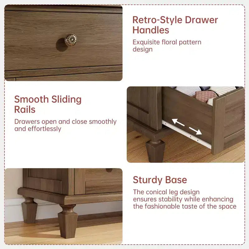 47 Tall 6 Drawer Dresser - Vintage Wooden Chest, Carved Handles &amp; Tapered Legs - Large Storage for Bedroom, Living Room, Entryway - Modern Furniture