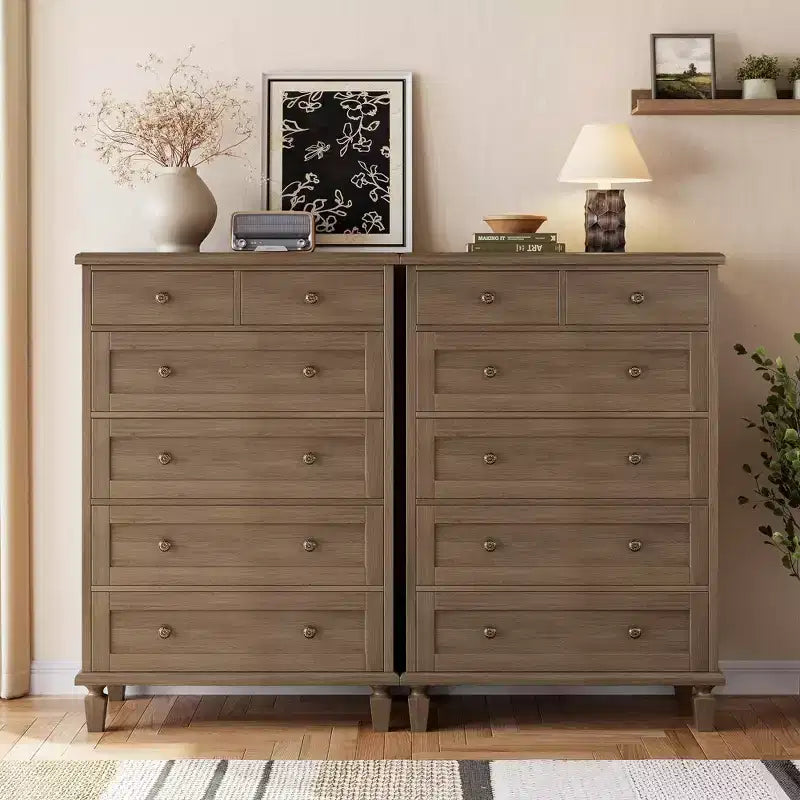 47 Tall 6 Drawer Dresser - Vintage Wooden Chest, Carved Handles &amp; Tapered Legs - Large Storage for Bedroom, Living Room, Entryway - Modern Furniture