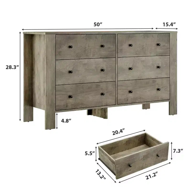Wide 6 Drawer Dresser for Bedroom  Modern Wooden Chest with Deep Storage Drawers, Metal Knobs  Ideal for Kids Room, Entryway, Hallway