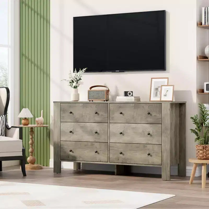 Wide 6 Drawer Dresser for Bedroom  Modern Wooden Chest with Deep Storage Drawers, Metal Knobs  Ideal for Kids Room, Entryway, Hallway