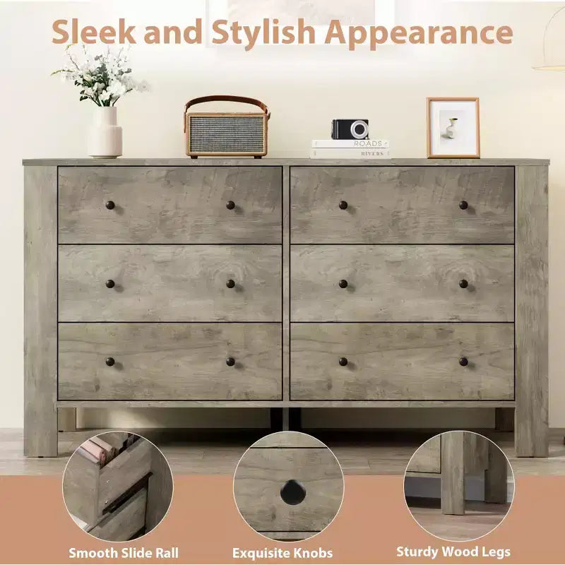 Wide 6 Drawer Dresser for Bedroom  Modern Wooden Chest with Deep Storage Drawers, Metal Knobs  Ideal for Kids Room, Entryway, Hallway