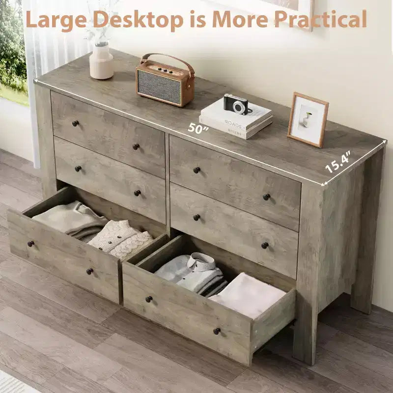 Wide 6 Drawer Dresser for Bedroom  Modern Wooden Chest with Deep Storage Drawers, Metal Knobs  Ideal for Kids Room, Entryway, Hallway