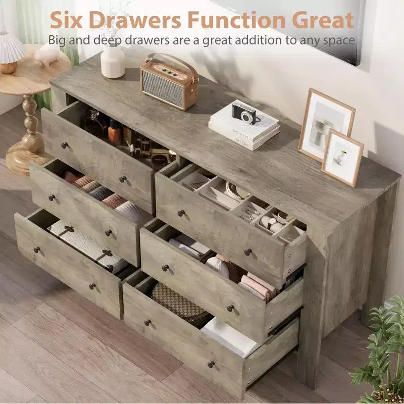 Wide 6 Drawer Dresser for Bedroom  Modern Wooden Chest with Deep Storage Drawers, Metal Knobs  Ideal for Kids Room, Entryway, Hallway