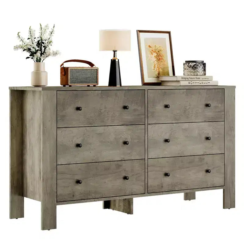 Wide 6 Drawer Dresser for Bedroom  Modern Wooden Chest with Deep Storage Drawers, Metal Knobs  Ideal for Kids Room, Entryway, Hallway