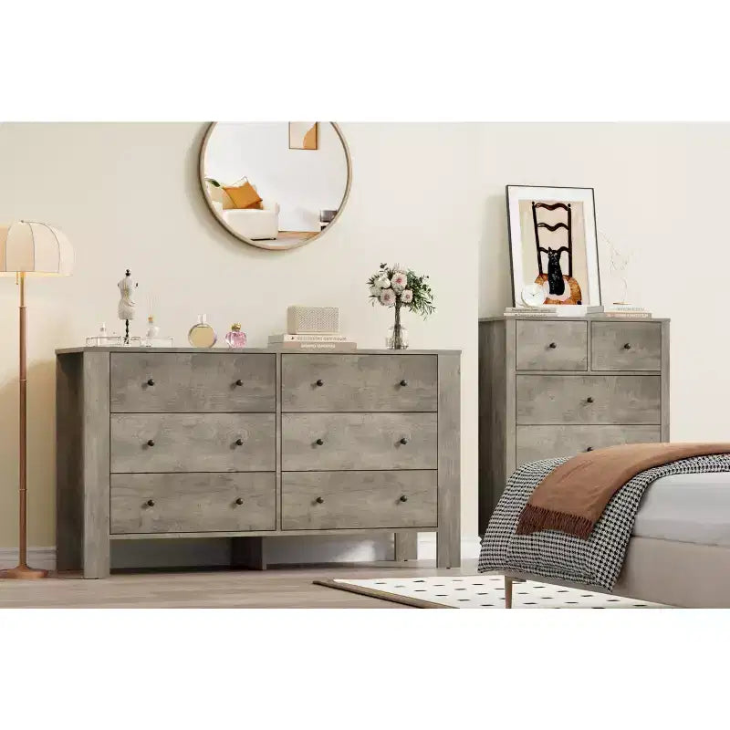 Wide 6 Drawer Dresser for Bedroom  Modern Wooden Chest with Deep Storage Drawers, Metal Knobs  Ideal for Kids Room, Entryway, Hallway