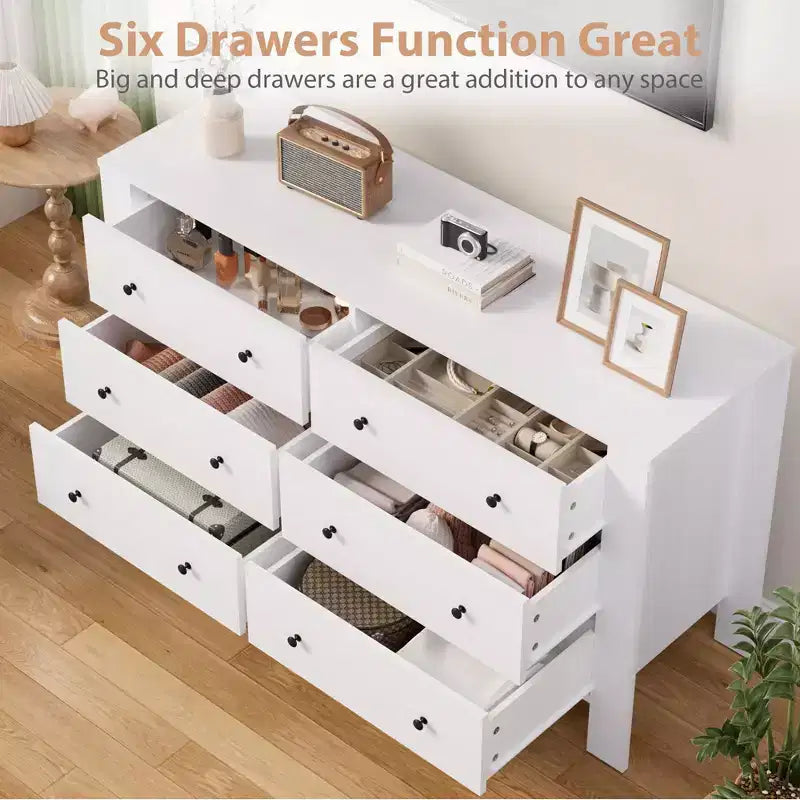 Wide 6 Drawer Dresser for Bedroom  Modern Wooden Chest with Deep Storage Drawers, Metal Knobs  Ideal for Kids Room, Entryway, Hallway