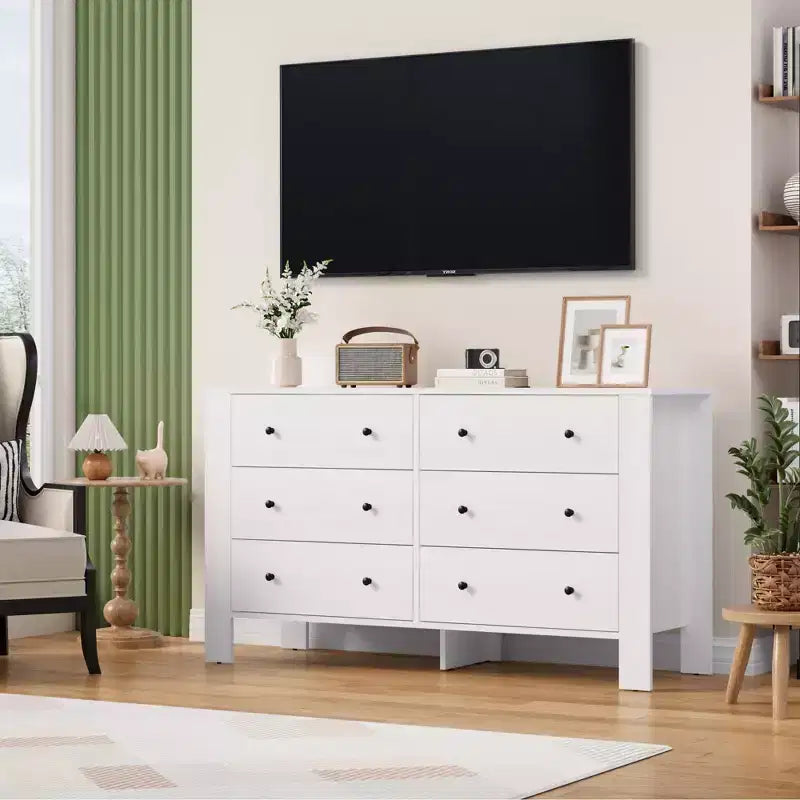 Wide 6 Drawer Dresser for Bedroom  Modern Wooden Chest with Deep Storage Drawers, Metal Knobs  Ideal for Kids Room, Entryway, Hallway