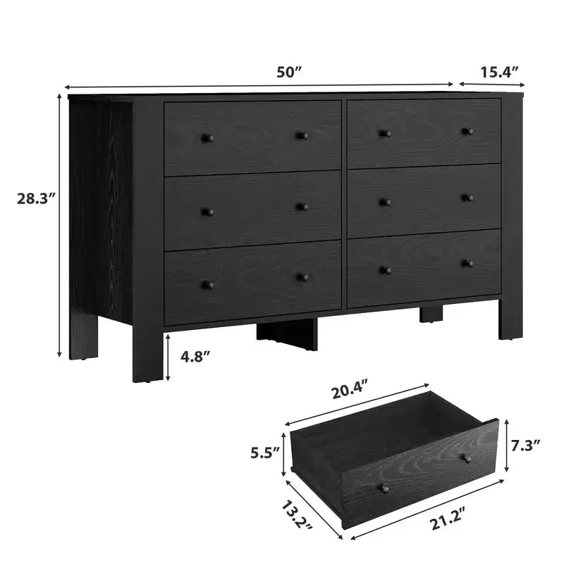 Wide 6 Drawer Dresser for Bedroom  Modern Wooden Chest with Deep Storage Drawers, Metal Knobs  Ideal for Kids Room, Entryway, Hallway
