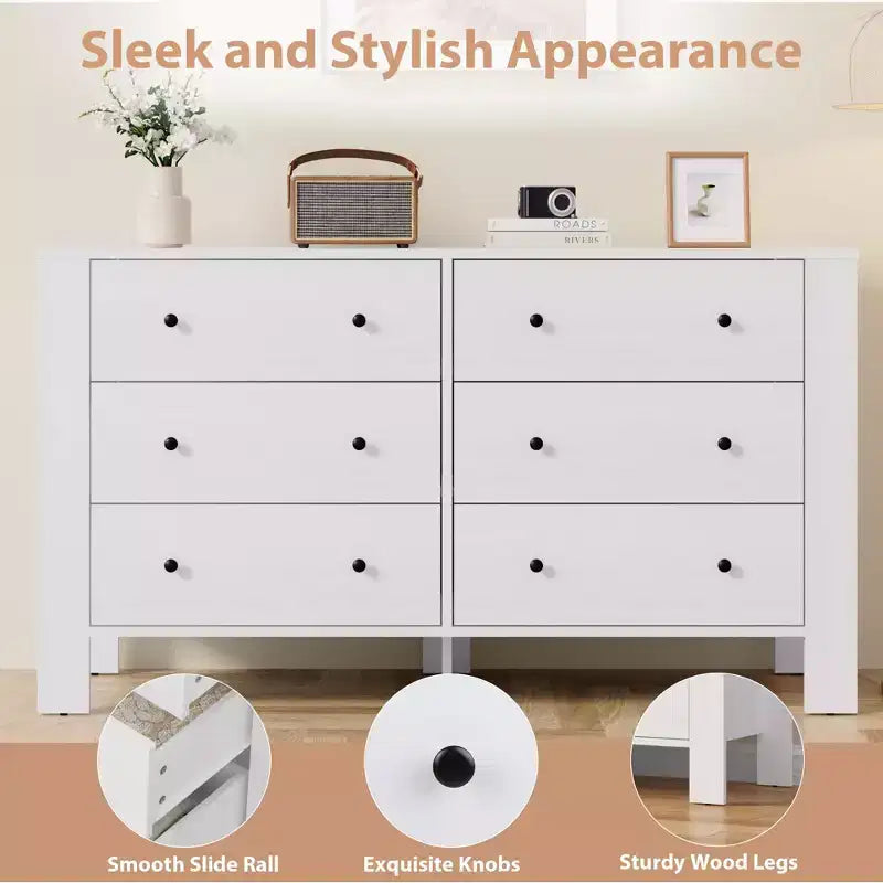 Wide 6 Drawer Dresser for Bedroom  Modern Wooden Chest with Deep Storage Drawers, Metal Knobs  Ideal for Kids Room, Entryway, Hallway