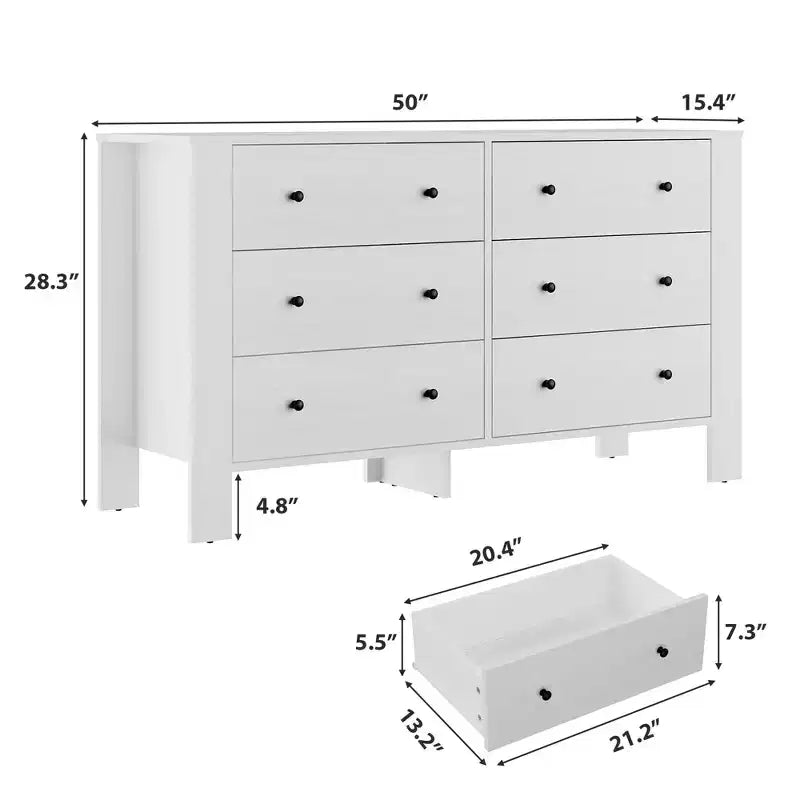 Wide 6 Drawer Dresser for Bedroom  Modern Wooden Chest with Deep Storage Drawers, Metal Knobs  Ideal for Kids Room, Entryway, Hallway