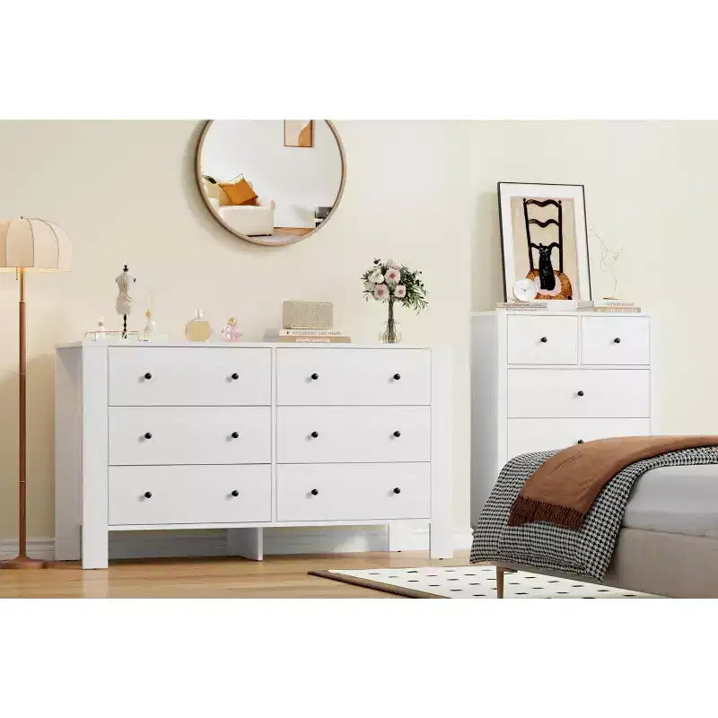 Wide 6 Drawer Dresser for Bedroom  Modern Wooden Chest with Deep Storage Drawers, Metal Knobs  Ideal for Kids Room, Entryway, Hallway