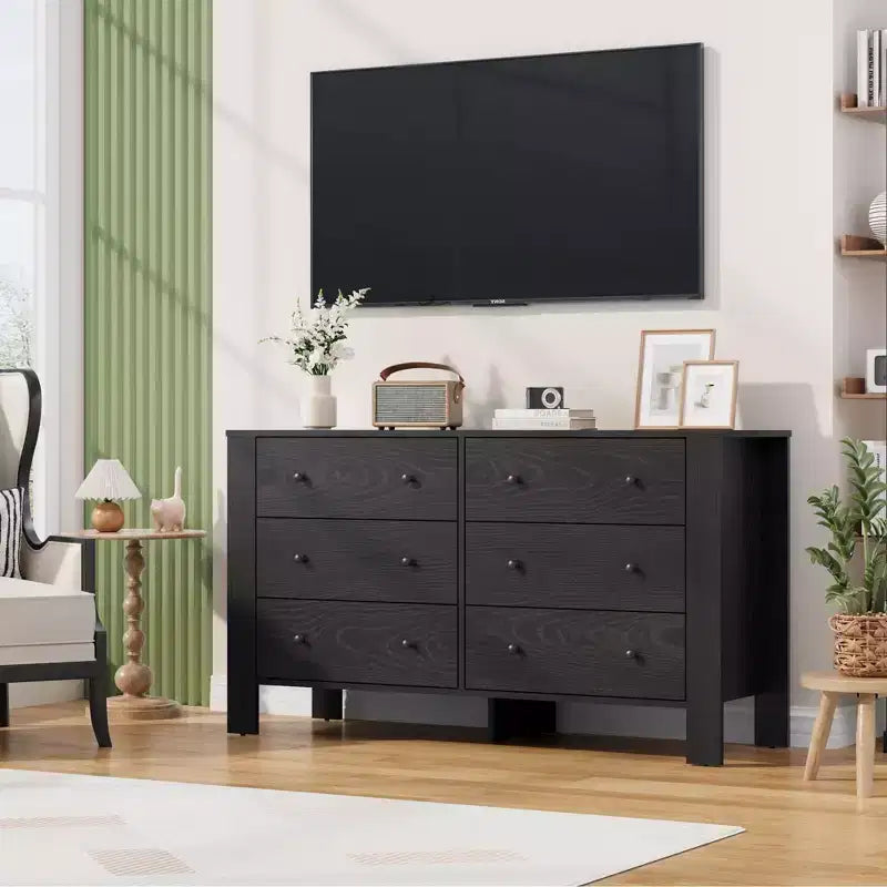 Wide 6 Drawer Dresser for Bedroom  Modern Wooden Chest with Deep Storage Drawers, Metal Knobs  Ideal for Kids Room, Entryway, Hallway