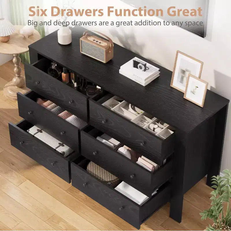 Wide 6 Drawer Dresser for Bedroom  Modern Wooden Chest with Deep Storage Drawers, Metal Knobs  Ideal for Kids Room, Entryway, Hallway