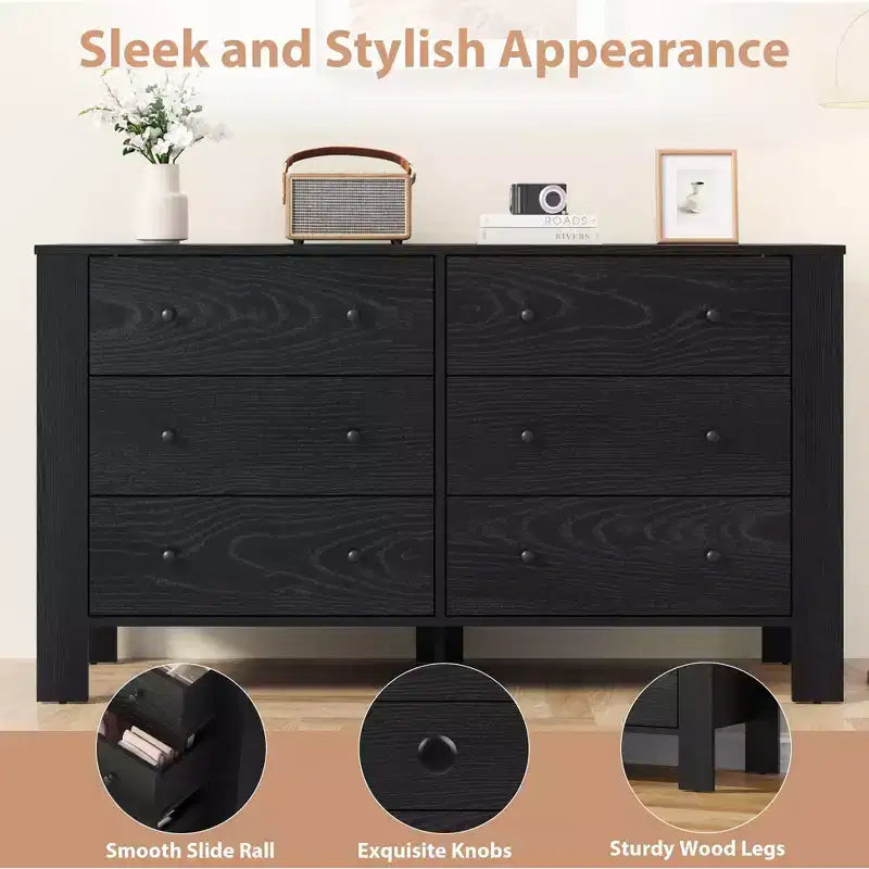 Wide 6 Drawer Dresser for Bedroom  Modern Wooden Chest with Deep Storage Drawers, Metal Knobs  Ideal for Kids Room, Entryway, Hallway