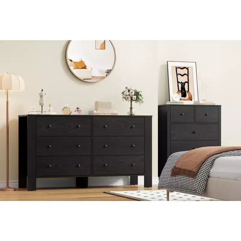 Wide 6 Drawer Dresser for Bedroom  Modern Wooden Chest with Deep Storage Drawers, Metal Knobs  Ideal for Kids Room, Entryway, Hallway