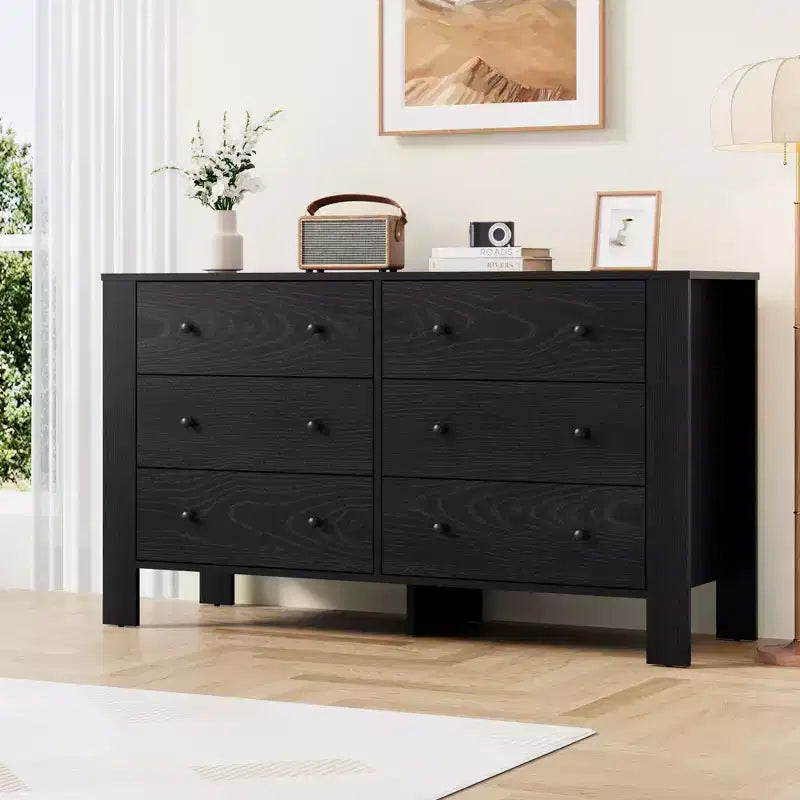 Wide 6 Drawer Dresser for Bedroom  Modern Wooden Chest with Deep Storage Drawers, Metal Knobs  Ideal for Kids Room, Entryway, Hallway