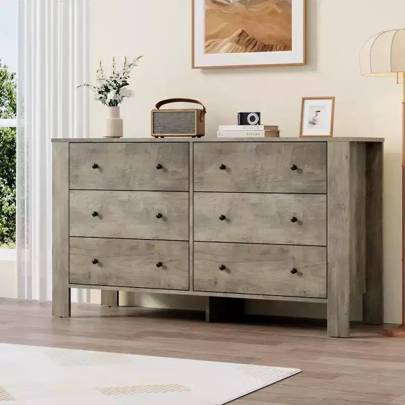 Wide 6 Drawer Dresser for Bedroom  Modern Wooden Chest with Deep Storage Drawers, Metal Knobs  Ideal for Kids Room, Entryway, Hallway