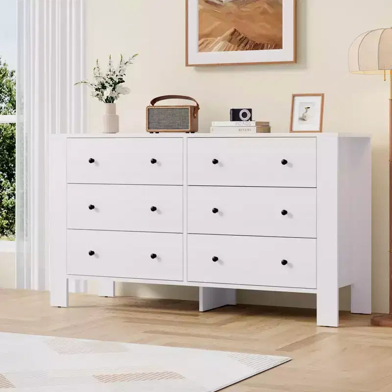 Wide 6 Drawer Dresser for Bedroom  Modern Wooden Chest with Deep Storage Drawers, Metal Knobs  Ideal for Kids Room, Entryway, Hallway
