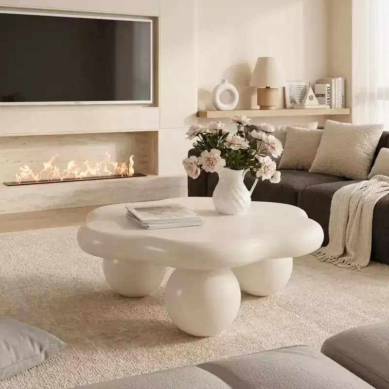 JVNOXK 35-inch petal-shaped modern minimalist coffee table with spherical legs, space-saving living room table ideal for small apartments, cream white