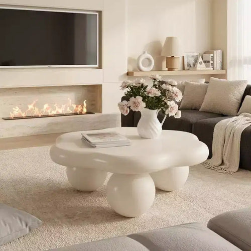 JVNOXK 35-inch petal-shaped modern minimalist coffee table with spherical legs, space-saving living room table ideal for small apartments, cream white