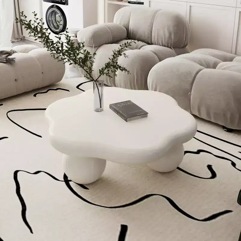 35-inch petal-shaped modern minimalist coffee table with spherical legs, space-saving living room table ideal for small apartments, cream white