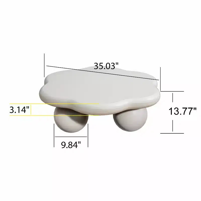 35-inch petal-shaped modern minimalist coffee table with spherical legs, space-saving living room table ideal for small apartments, cream white