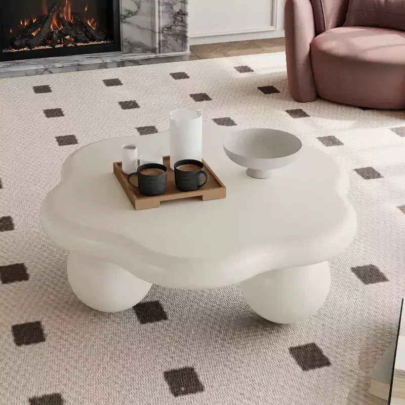 35-inch petal-shaped modern minimalist coffee table with spherical legs, space-saving living room table ideal for small apartments, cream white