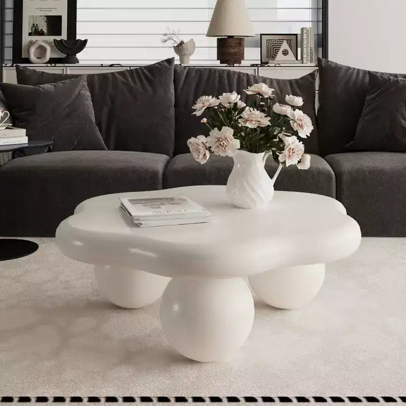 35-inch petal-shaped modern minimalist coffee table with spherical legs, space-saving living room table ideal for small apartments, cream white
