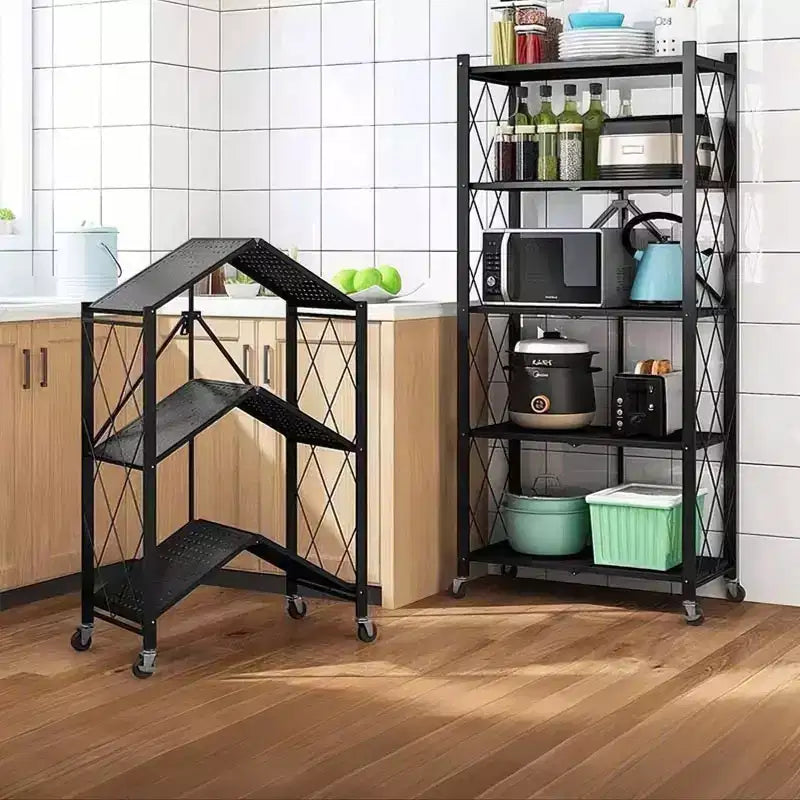 5-Tier Foldable Storage Shelves with Wheels, Heavy Duty Metal Rolling Shelving Unit for Kitchen, Garage &amp; Pantry,No Assembly