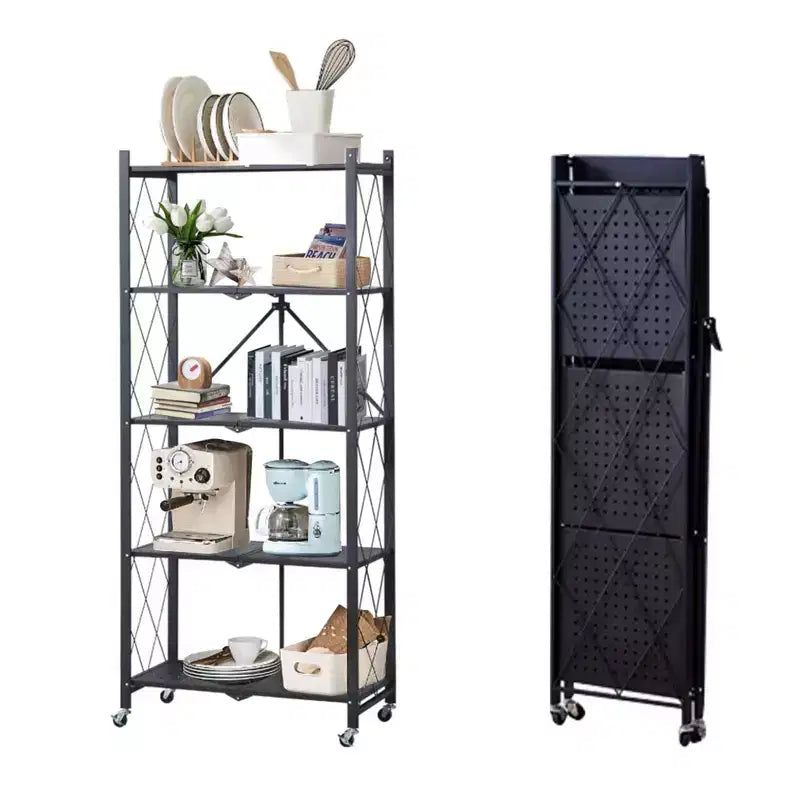 5-Tier Foldable Storage Shelves with Wheels, Heavy Duty Metal Rolling Shelving Unit for Kitchen, Garage &amp; Pantry,No Assembly