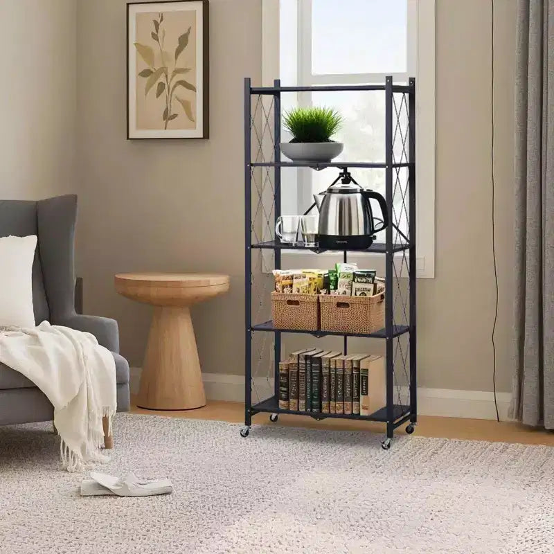 5-Tier Foldable Storage Shelves with Wheels, Heavy Duty Metal Rolling Shelving Unit for Kitchen, Garage &amp; Pantry,No Assembly