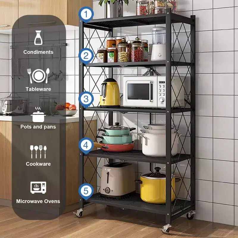 5-Tier Foldable Storage Shelves with Wheels, Heavy Duty Metal Rolling Shelving Unit for Kitchen, Garage &amp; Pantry,No Assembly