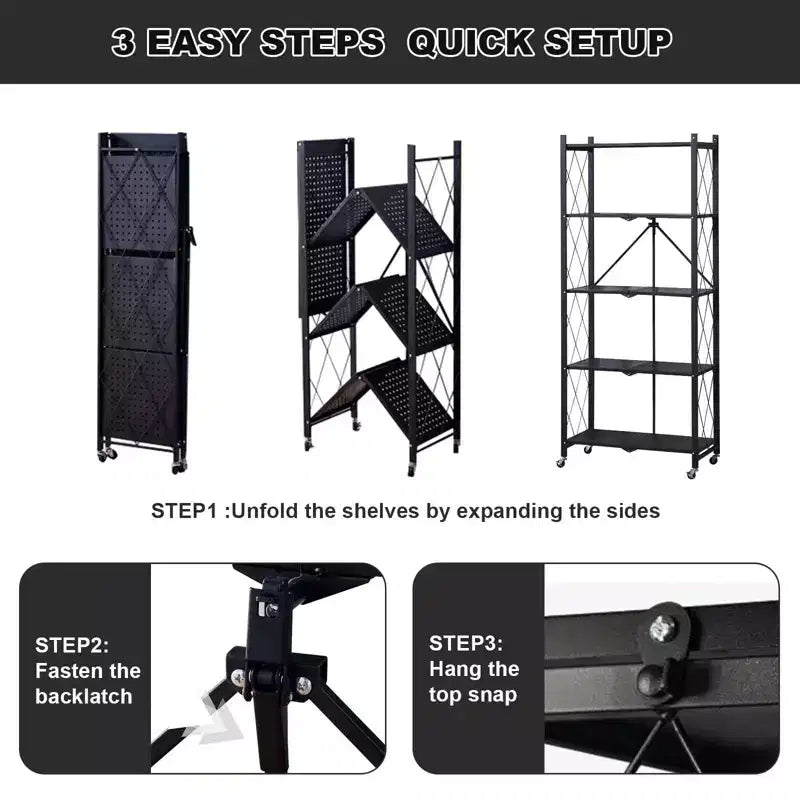 5-Tier Foldable Storage Shelves with Wheels, Heavy Duty Metal Rolling Shelving Unit for Kitchen, Garage &amp; Pantry,No Assembly