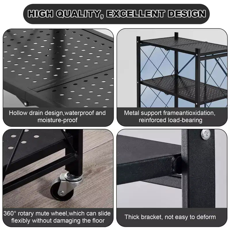 5-Tier Foldable Storage Shelves with Wheels, Heavy Duty Metal Rolling Shelving Unit for Kitchen, Garage &amp; Pantry,No Assembly