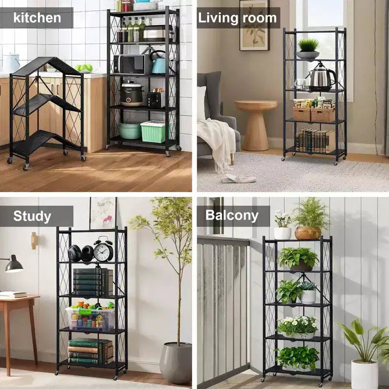 5-Tier Foldable Storage Shelves with Wheels, Heavy Duty Metal Rolling Shelving Unit for Kitchen, Garage &amp; Pantry,No Assembly