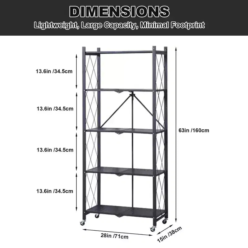 5-Tier Foldable Storage Shelves with Wheels, Heavy Duty Metal Rolling Shelving Unit for Kitchen, Garage &amp; Pantry,No Assembly