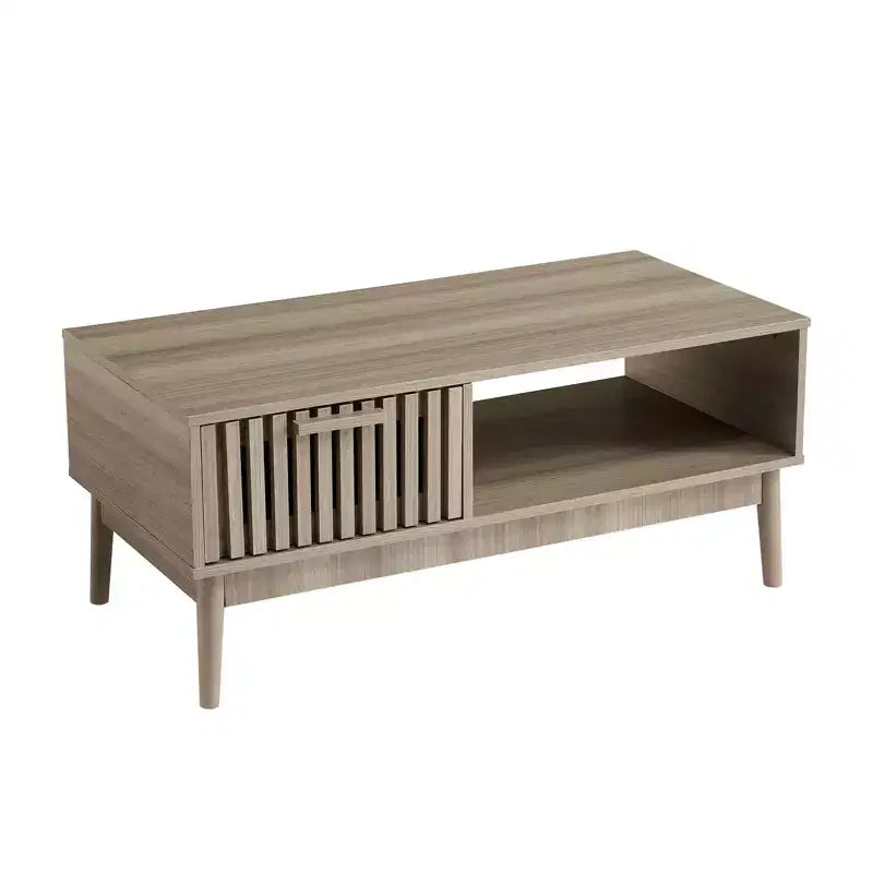 GustoWave Farmhouse Coffee Table with Storage, 39.4 Rustic Fluted Accent Table with Drawer &amp; Open Shelf for Living Room