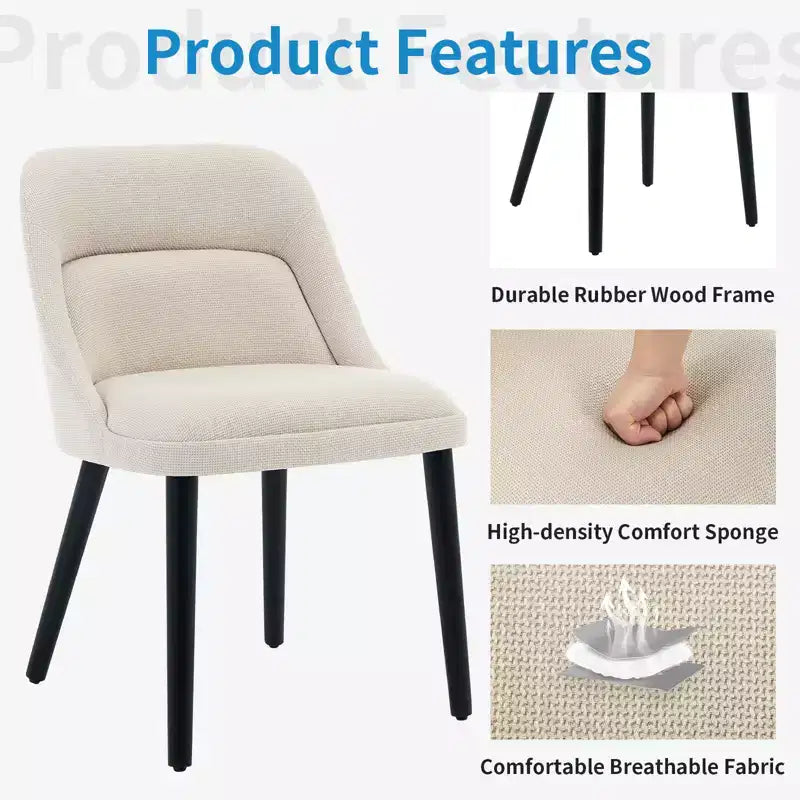Upholstered Dining Chairs, Mid-Century Accent, Padded Linen Fabric, Sturdy Wood Legs,for Kitchen, Dining Room, Living Room, Restaurant, Beige
