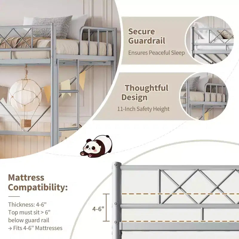 Twin Over Twin Bunk Bed, Full-Surround Guardrail, Heavy Duty All-Metal Frame, Space-Saving Under-Bed Design