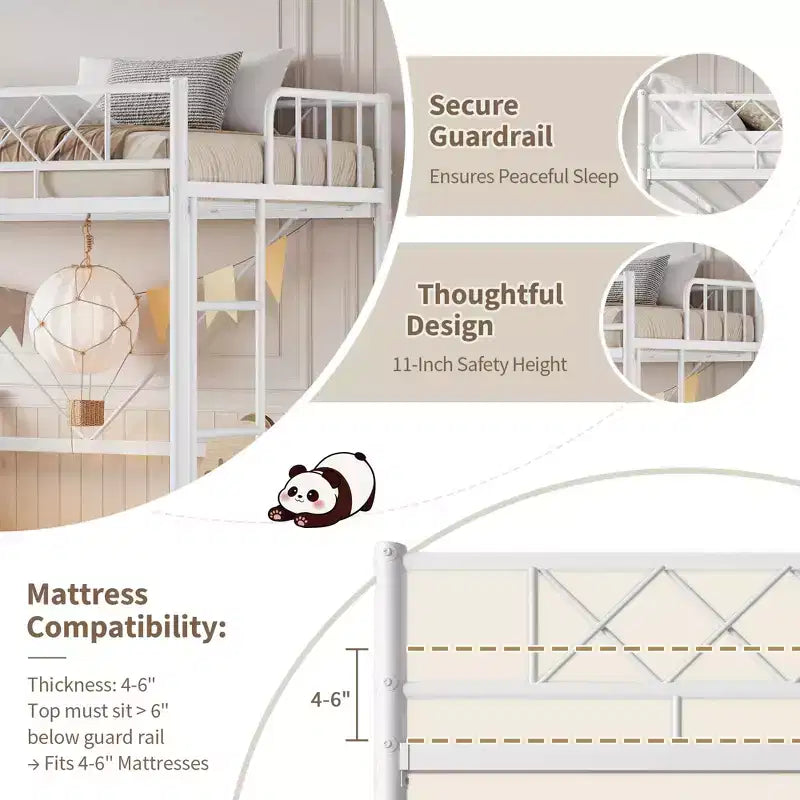 Twin Over Twin Bunk Bed, Full-Surround Guardrail, Heavy Duty All-Metal Frame, Space-Saving Under-Bed Design