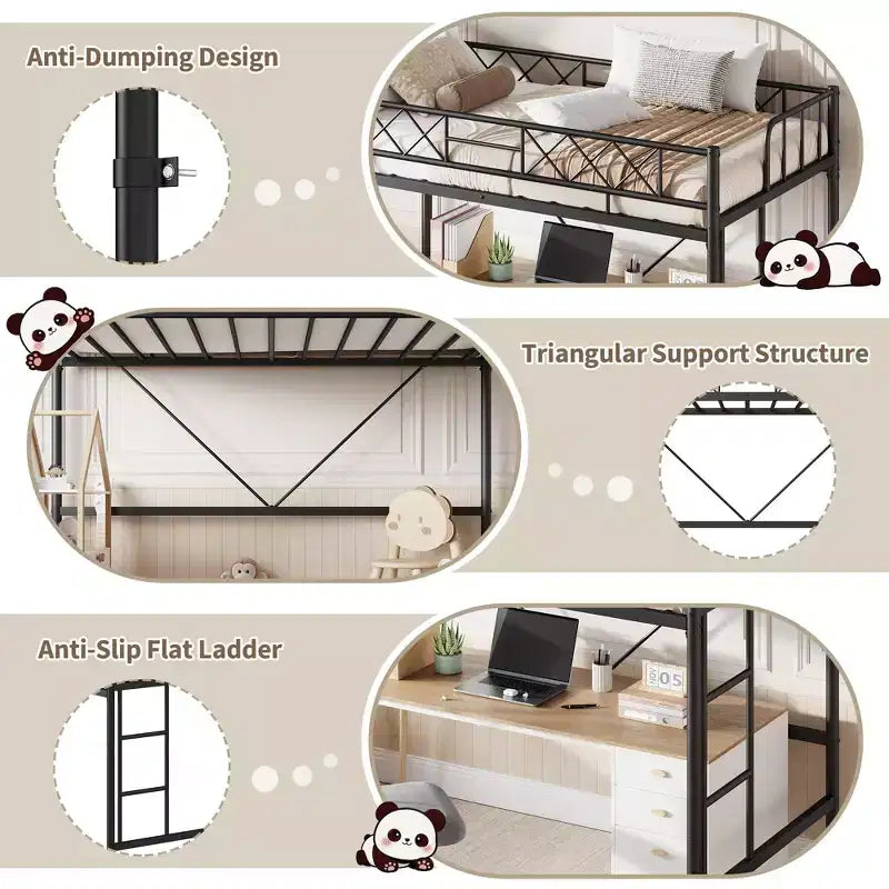 Twin Over Twin Bunk Bed, Full-Surround Guardrail, Heavy Duty All-Metal Frame, Space-Saving Under-Bed Design