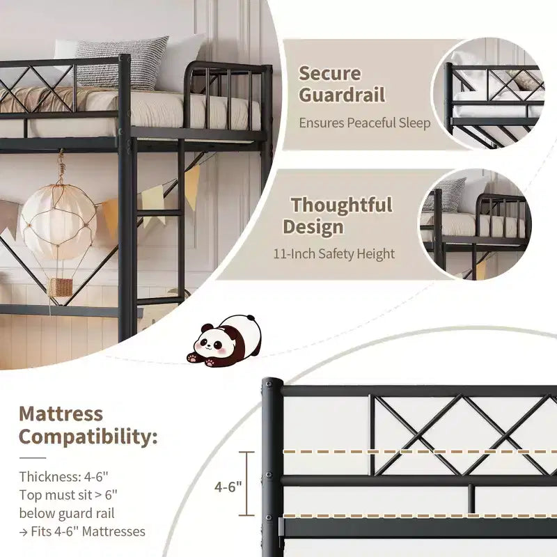 Twin Over Twin Bunk Bed, Full-Surround Guardrail, Heavy Duty All-Metal Frame, Space-Saving Under-Bed Design
